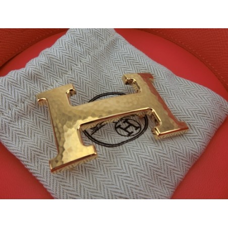 SOLD(已售出）(NEW) Hermes Reversible Belt With Martelee Gold Buckle (Orange ...